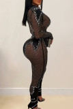 Black Sexy Hot Drilling Patchwork See-through Mesh O Neck Skinny Jumpsuits