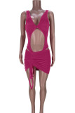 Rose Red Sportswear Solid Hollowed Out Patchwork Draw String Swimwears