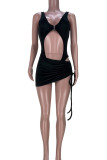 Black Sportswear Solid Hollowed Out Patchwork Draw String Swimwears