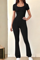 Black Casual Solid Patchwork Square Collar Skinny Jumpsuits
