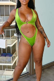 Fluorescent Green Sportswear Solid Hollowed Out Patchwork Draw String Swimwears