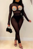 Black Fashion Sexy Solid Hollowed Out See-through Half A Turtleneck Skinny Jumpsuits