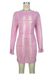 Pink Sexy Solid Hollowed Out Patchwork Backless O Neck Wrapped Skirt Dresses
