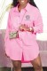 Pink Casual Figure Print Letter Asymmetrical Turndown Collar Shirt Dresses