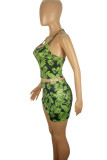 Green Sexy Print Hollowed Out Patchwork Halter Sleeveless Two Pieces