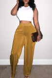 Earth Yellow Casual Solid Patchwork Loose High Waist Wide Leg Solid Color Bottoms