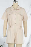 Khaki Casual Solid Patchwork Buttons Turndown Collar Loose Rompers