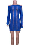 Blue Sexy Solid Hollowed Out Patchwork Backless O Neck Wrapped Skirt Dresses