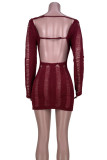 Burgundy Sexy Solid Hollowed Out Patchwork Backless O Neck Wrapped Skirt Dresses