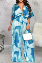 Blue White Sexy Print Hollowed Out Patchwork Fold V Neck Loose Jumpsuits