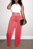 Watermelon Red Casual Solid Patchwork Loose High Waist Wide Leg Solid Color Bottoms