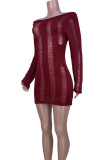 Burgundy Sexy Solid Hollowed Out Patchwork Backless O Neck Wrapped Skirt Dresses
