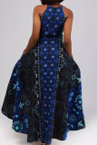 Deep Blue Elegant Print Hollowed Out Patchwork Pocket Slit U Neck A Line Dresses