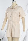 Khaki Casual Solid Patchwork Buttons Turndown Collar Loose Rompers