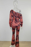 Tangerine Red Casual Print Patchwork Oblique Collar Long Sleeve Two Pieces