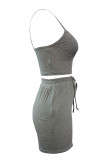 Grey Casual Solid Patchwork Draw String Spaghetti Strap Sleeveless Two Pieces