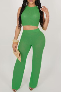 Green Sexy Solid Patchwork O Neck Sleeveless Two Pieces