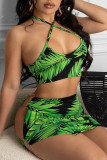 Green Sexy Print Hollowed Out Patchwork Halter Sleeveless Two Pieces