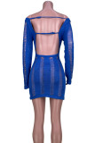 Blue Sexy Solid Hollowed Out Patchwork Backless O Neck Wrapped Skirt Dresses