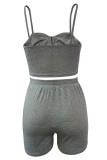 Grey Casual Solid Patchwork Draw String Spaghetti Strap Sleeveless Two Pieces