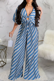Blue Sexy Print Hollowed Out Patchwork Fold V Neck Loose Jumpsuits