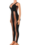 Black Sexy Patchwork See-through Mesh Zipper V Neck Skinny Jumpsuits