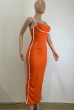Orange Red Sexy Casual Patchwork Backless Slit Contrast Spaghetti Strap Sling Dresses