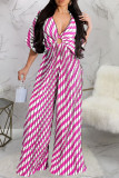 White Rose Red Sexy Print Hollowed Out Patchwork Fold V Neck Loose Jumpsuits