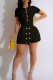 Black Elegant Solid Hollowed Out Patchwork Buttons O Neck Short Sleeve Two Pieces