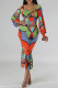 Red Elegant Print Patchwork Square Collar Long Dresses