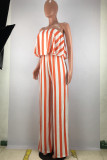 Tangerine Red Casual Striped Patchwork Flounce Strapless Loose Jumpsuits