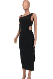 Black Sexy Solid Bandage Hollowed Out Patchwork High Opening Asymmetrical Collar Long Dresses