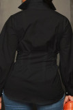 Black Elegant Solid Patchwork Buckle Turndown Collar Plus Size Tops