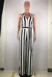 Black Casual Striped Bandage Patchwork Halter Straight Jumpsuits