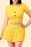 Yellow Elegant Solid Hollowed Out Patchwork Buttons O Neck Short Sleeve Two Pieces