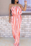 Blue Casual Striped Patchwork Flounce Strapless Loose Jumpsuits