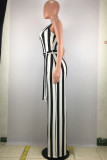 Tangerine Red Casual Striped Bandage Patchwork Halter Straight Jumpsuits