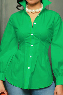 Green Elegant Solid Patchwork Buckle Turndown Collar Plus Size Tops