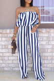 Tangerine Red Casual Striped Patchwork Flounce Strapless Loose Jumpsuits