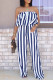 Blue Casual Striped Patchwork Flounce Strapless Loose Jumpsuits