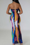 Yellow Pink Sexy Print Patchwork Strapless Long Dresses