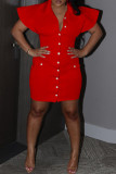 Red Elegant Solid Patchwork Pocket Buckle Turndown Collar One Step Skirt Dresses