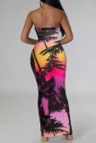 Red Green Sexy Print Patchwork Strapless Long Dresses