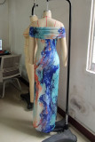 Blue Elegant Print Patchwork High Opening Off the Shoulder Printed Dresses