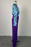Purple Sweet Print Patchwork V Neck Long Sleeve Two Pieces