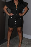 Black Elegant Solid Patchwork Pocket Buckle Turndown Collar One Step Skirt Dresses