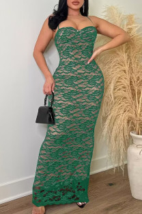 Green Sexy Solid Patchwork Slit Spaghetti Strap Sling Dresses
