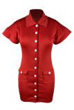 Rose Red Elegant Solid Patchwork Pocket Buckle Turndown Collar One Step Skirt Dresses