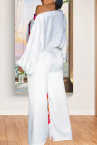 White Casual Print Patchwork Oblique Collar Loose Jumpsuits