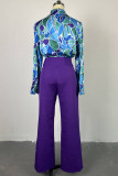 Purple Sweet Print Patchwork V Neck Long Sleeve Two Pieces